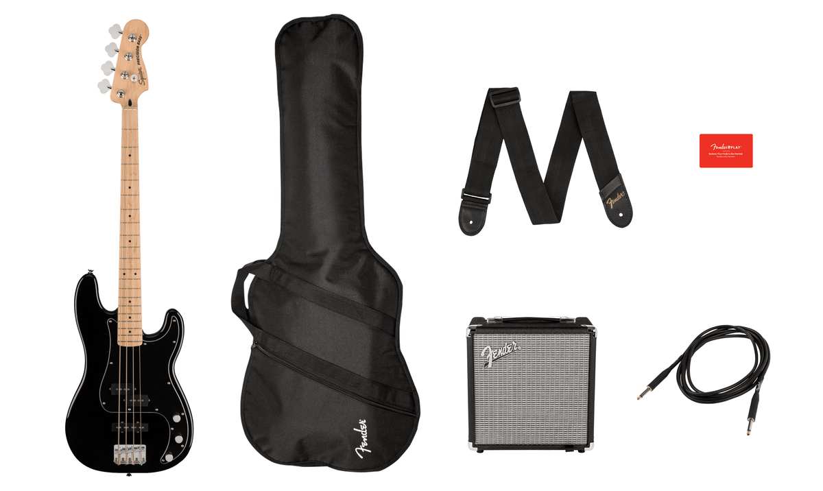 Fender Squier® Affinity Series® Precision Bass® PJ Pack, Maple Fingerboard, Black, Gig Bag, Rumble 15 - 120V