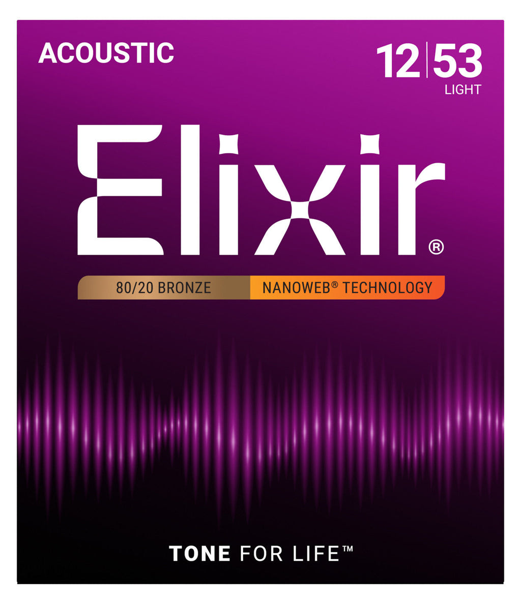 Elixir 80/20 Bronze Nanoweb Coated Acoustic Guitar Strings - Light (.012-.053)