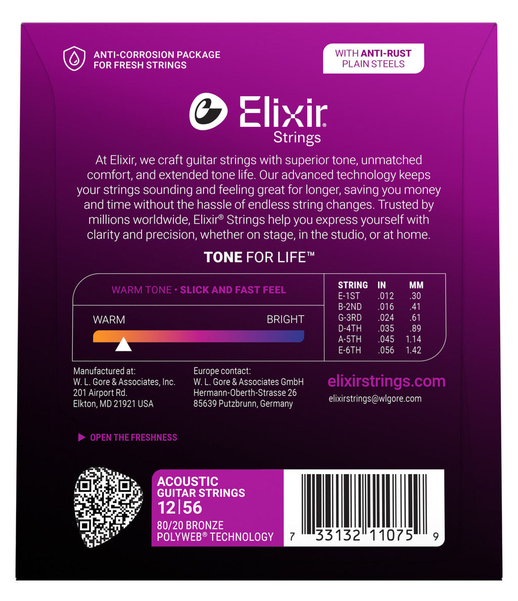 Elixir 80/20 Bronze Polyweb Coated Acoustic Guitar Strings - Light-Medium (.012-.056)