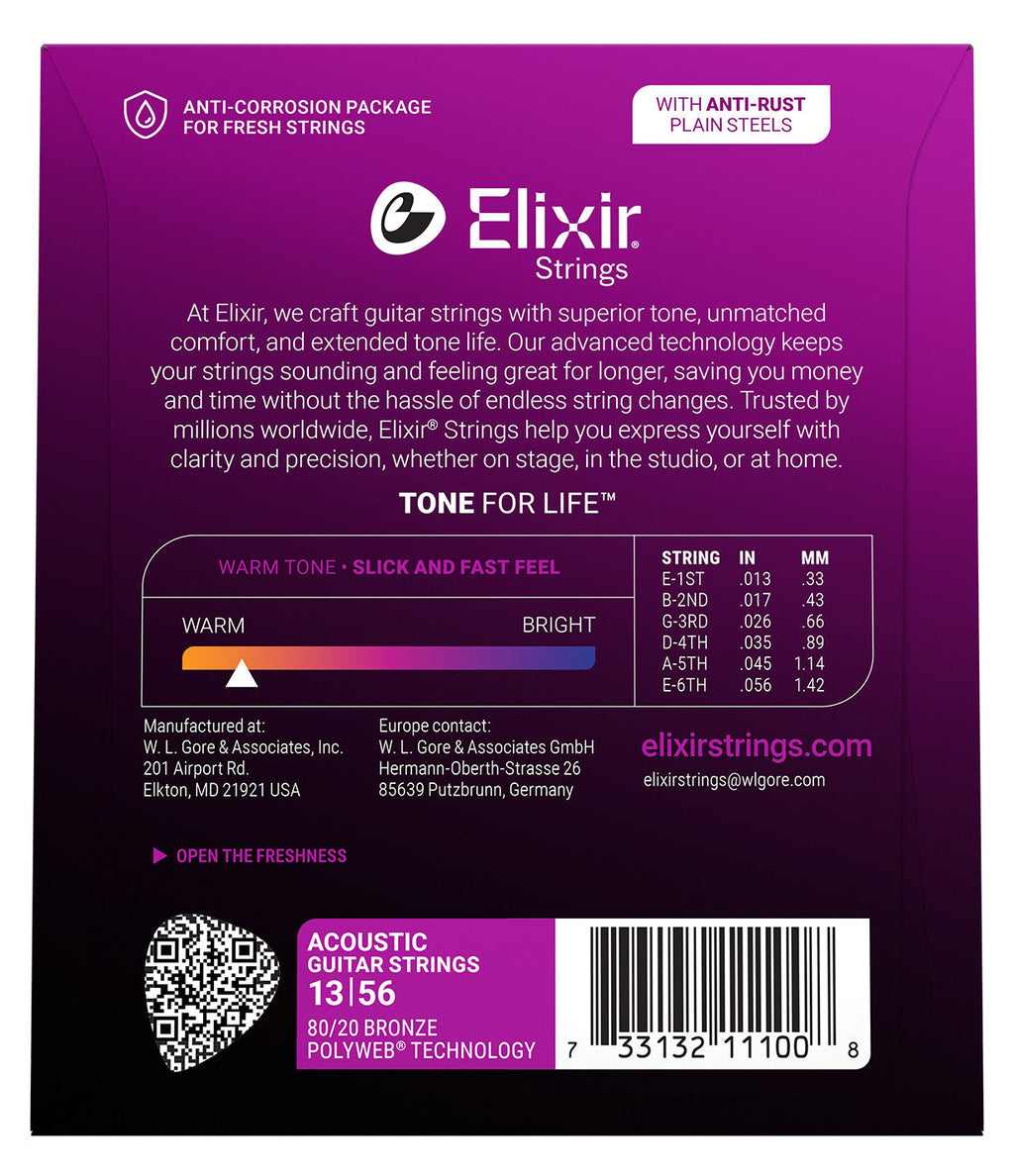Elixir 80/20 Bronze Polyweb Coated Acoustic Guitar Strings - Medium (.013-.056)
