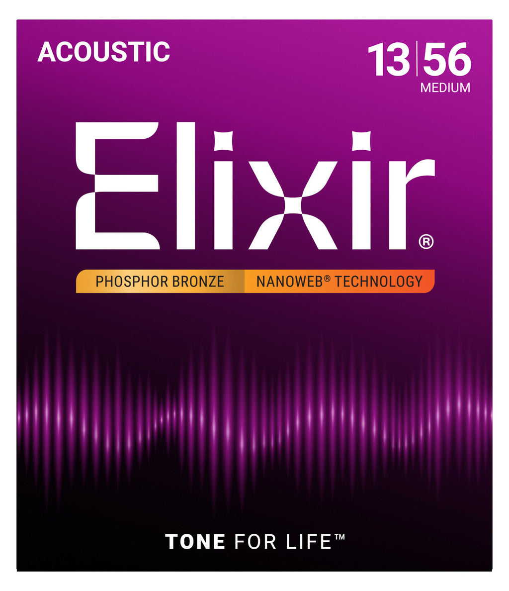 Elixir Nanoweb Coated Phosphor Bronze Acoustic Guitar Strings - Medium (.013-.056)