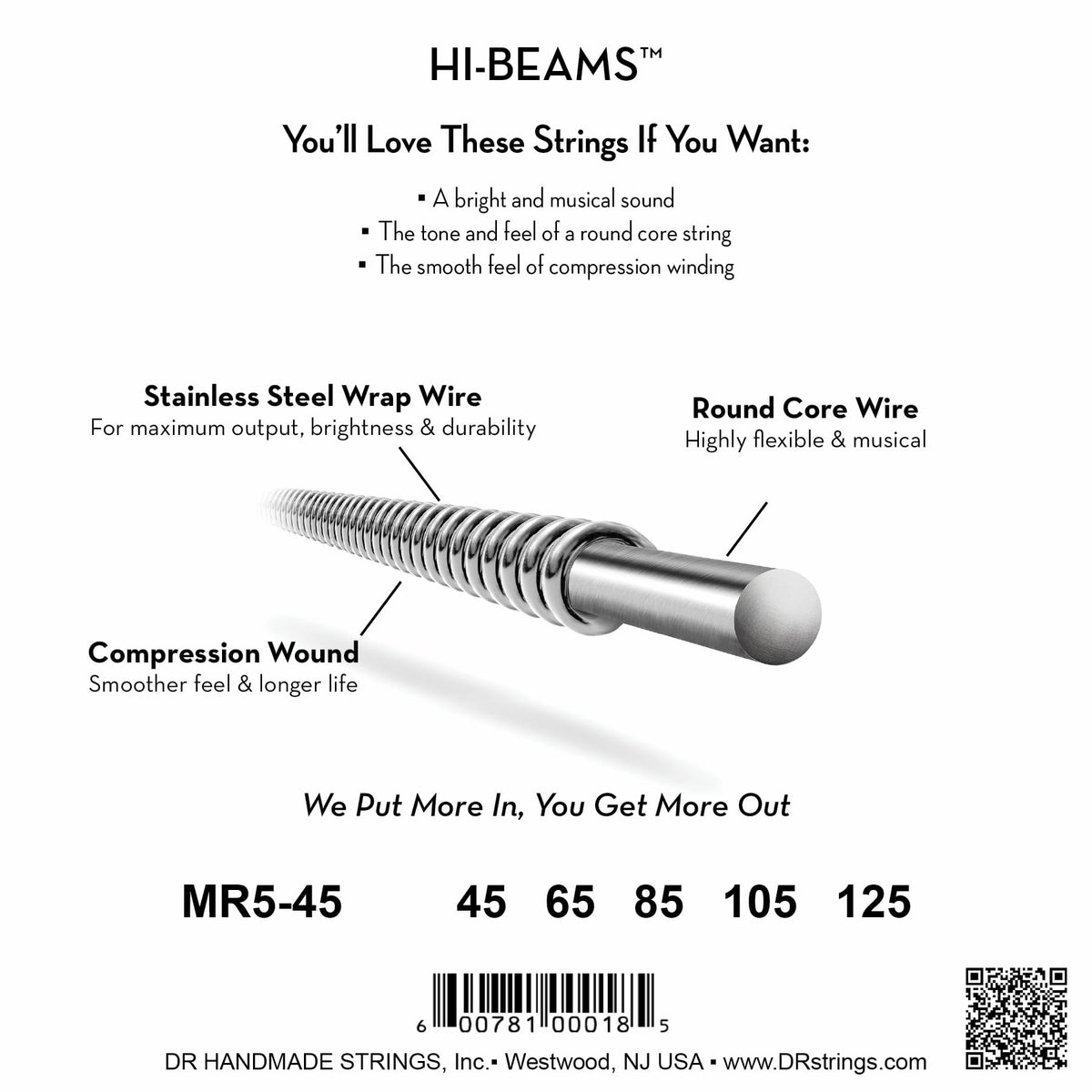 DR Strings Hi-Beam MR5-45 Stainless Steel 5-String Bass Strings, Medium (.045-.125)
