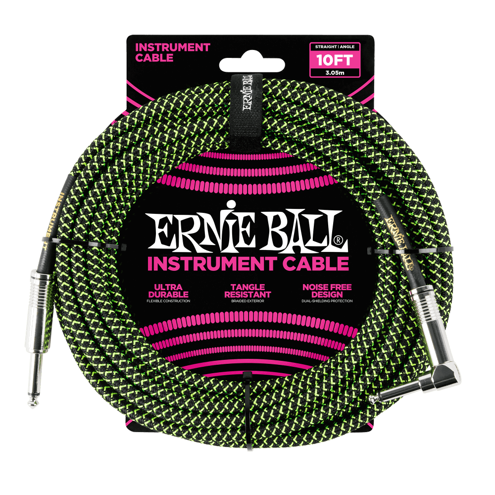 Ernie Ball Braided Instrument Cable Straight/Angle 10ft Neon Green/Black