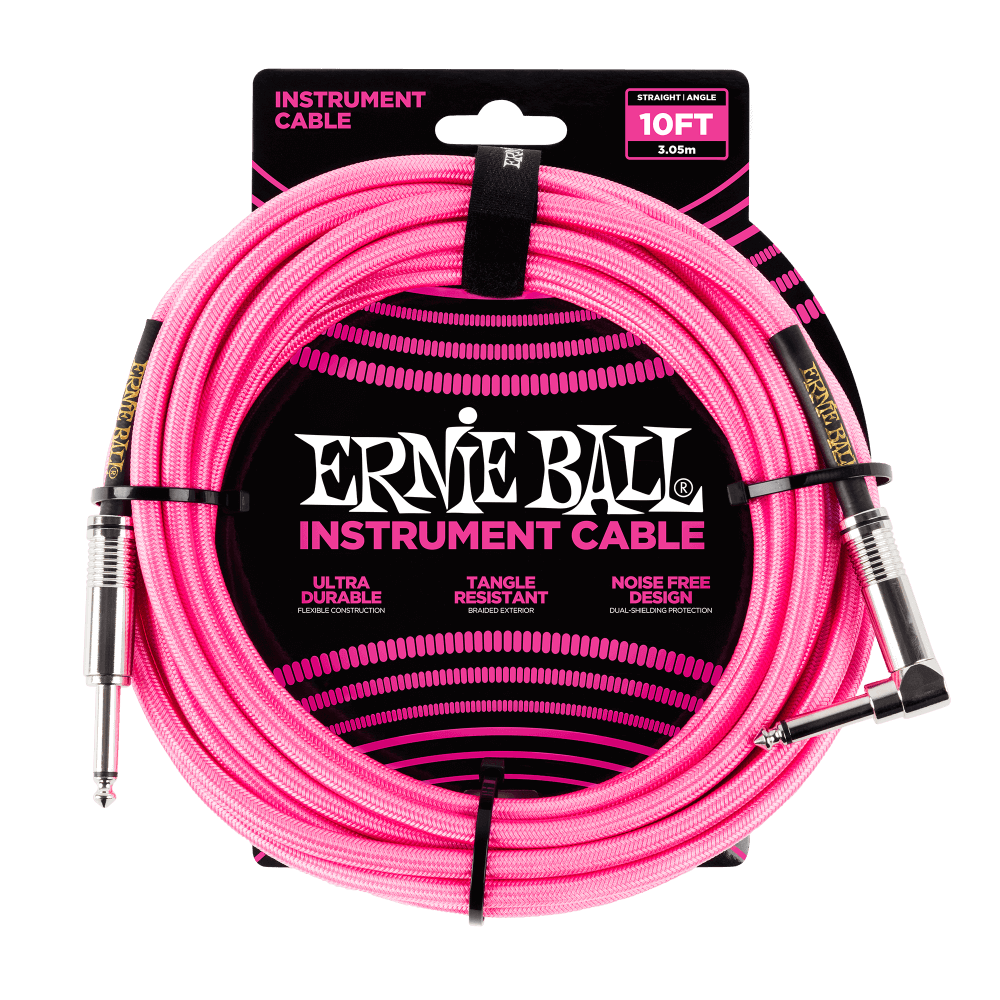 Ernie Ball Braided Instrument Cable Straight/Angle 10ft Neon Pink