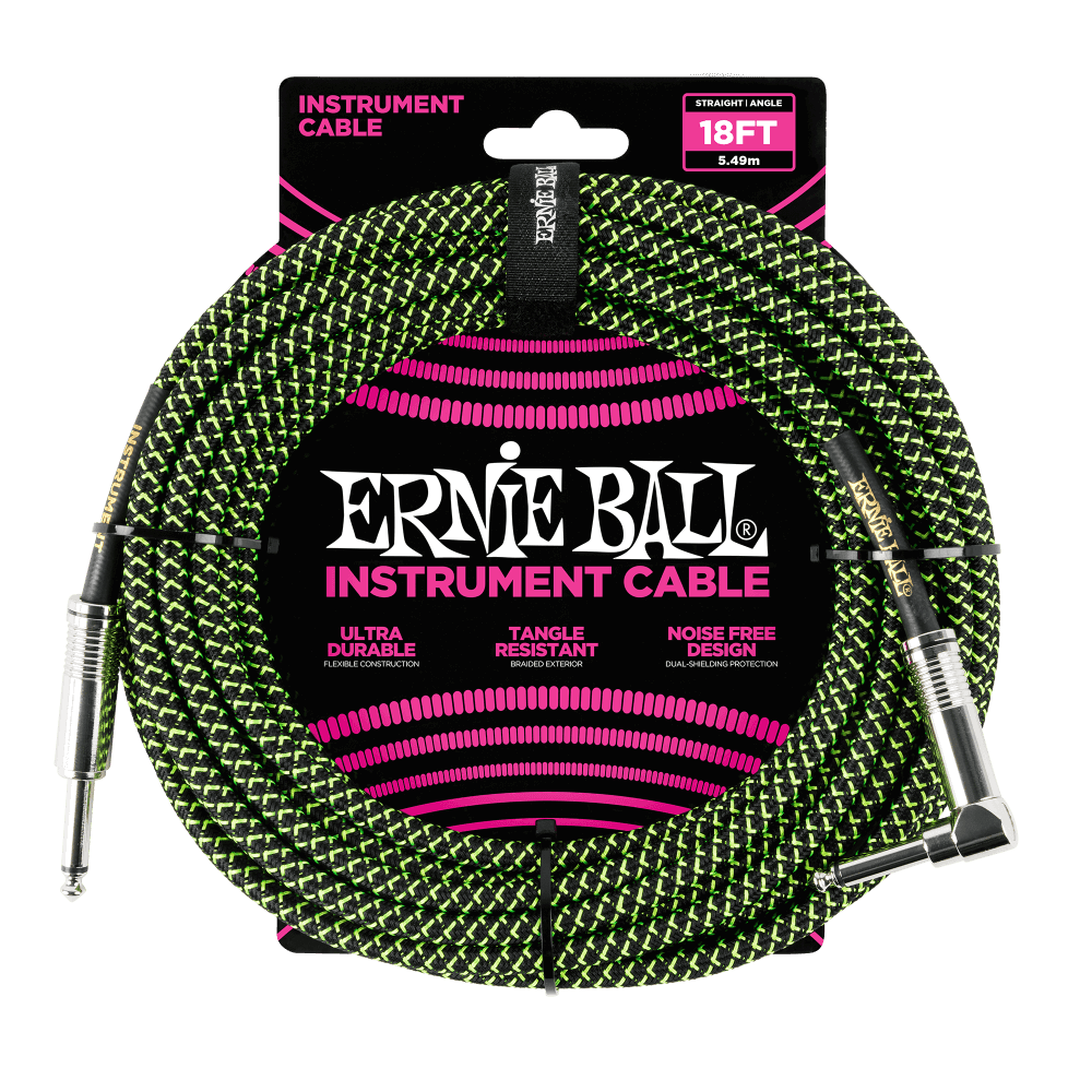 Ernie Ball Braided Instrument Cable Straight/Angle 18ft Black/Green
