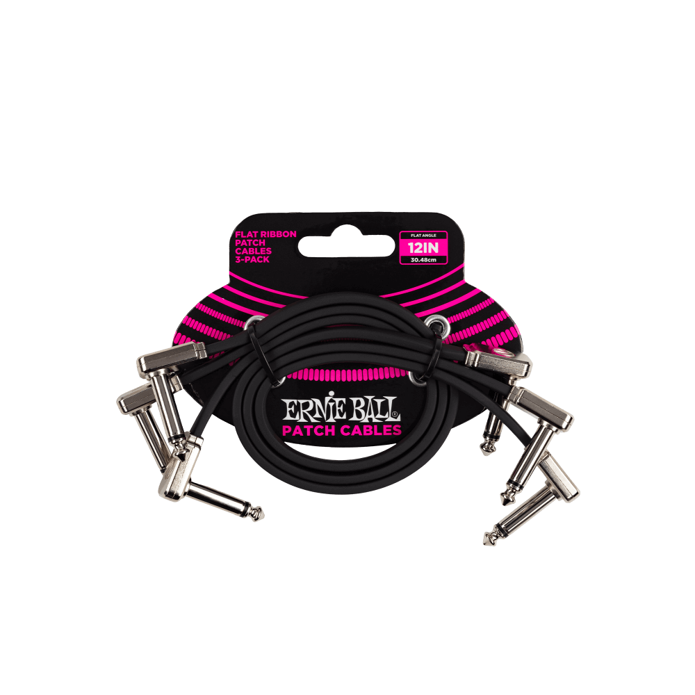 Ernie Ball Flat Ribbon Patch Cable 12in 3-Pack Black
